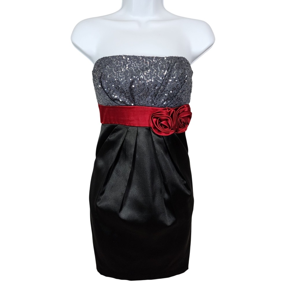XTRAORDINARY Size 3 Satin and Sequin Strapless Mini Party Dress Pockets Rosette